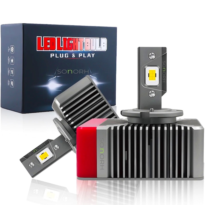 2 xenon LED izzó D5S, 150 W, 25000 lumen, Canbus Plug&Play, 6500K, autó fényszóróhoz, réz ventilátor és hűtőrúd, 30 000 óra, IP68, SONORH®