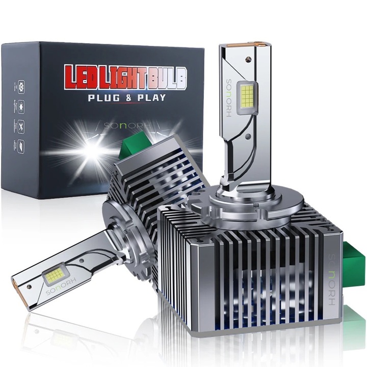 2 xenon LED D3S izzó, 150W, 25000 lumen, Canbus Plug&Play, 6500k, autós fényszóróhoz, réz ventilátor és hűtőrúd, 30000 óra, IP68, SONORH®