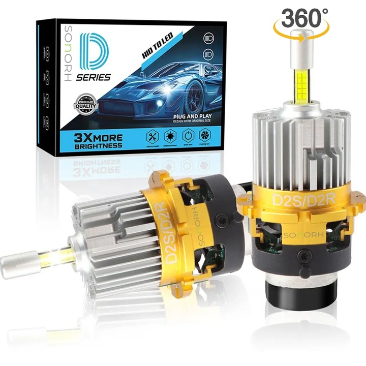 Xenon LED D2S/R izzók, 1:1, 190 W, 30 000 lumen, 3. generációs LED-ek, 4 oldal, 360°, Canbus Plug&Play, 2 darab, 6500K hideg fehér, ventilátor és hűtőcső, 50 000 óra, SONOR® IPH68 –