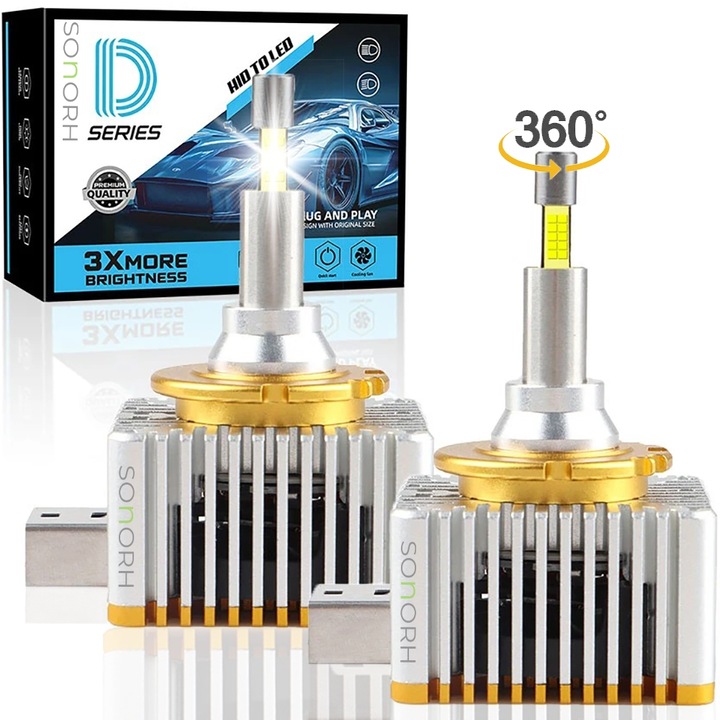 Xenon LED izzók D3S/R, 190 W, 30 000 Lumen, 3. generációs LED-ek, 4 oldal 360°, Canbus Plug&Play, 2 db, 6500K hideg fehér, ventilátor és hűtőcső, 50 000 óra, IP68 – SONORH®