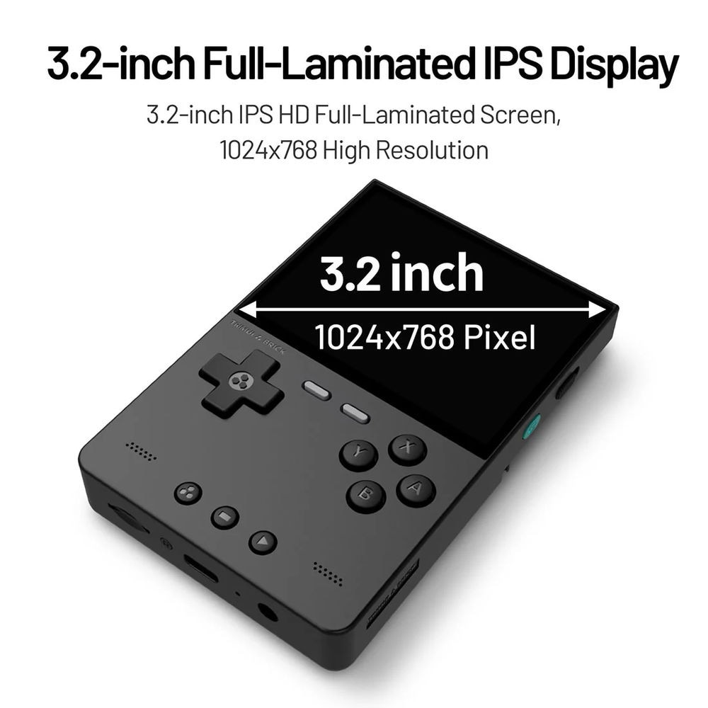 Consola retro TRIMUI Brick 64GB cu jocuri, quad core Cortex-A53 2.0GHz, 1GB RAM, IPS LCD 3.2" 1024x768 4:3, acumulator 3000 mAh, WiFi, Bluetooth, neagra, portabila