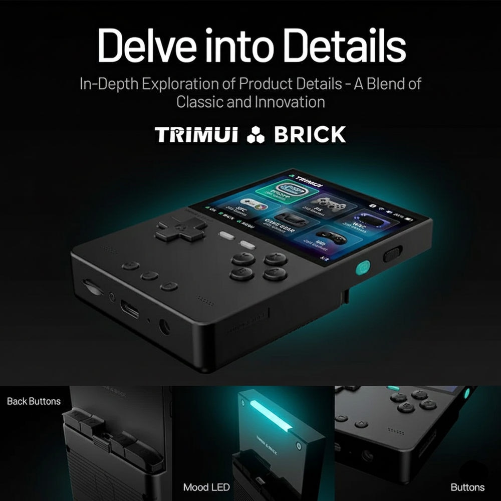 Consola retro TRIMUI Brick 64GB cu jocuri, quad core Cortex-A53 2.0GHz, 1GB RAM, IPS LCD 3.2" 1024x768 4:3, acumulator 3000 mAh, WiFi, Bluetooth, neagra, portabila