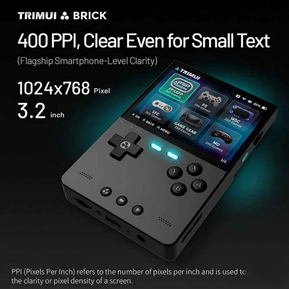 Consola retro TRIMUI Brick 64GB cu jocuri, quad core Cortex-A53 2.0GHz, 1GB RAM, IPS LCD 3.2" 1024x768 4:3, acumulator 3000 mAh, WiFi, Bluetooth, neagra, portabila