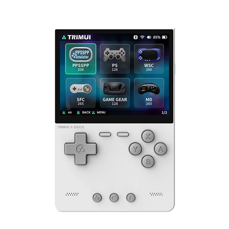 Consola retro TRIMUI Brick 64GB cu jocuri, quad core Cortex-A53 2.0GHz, 1GB RAM, IPS LCD 3.2" 1024x768 4:3, acumulator 3000 mAh, WiFi, Bluetooth, alba, portabila