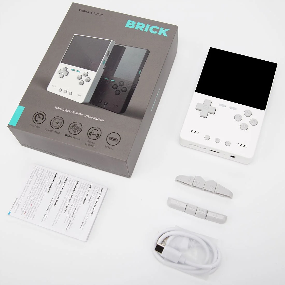 Consola retro TRIMUI Brick 64GB cu jocuri, quad core Cortex-A53 2.0GHz, 1GB RAM, IPS LCD 3.2" 1024x768 4:3, acumulator 3000 mAh, WiFi, Bluetooth, alba, portabila