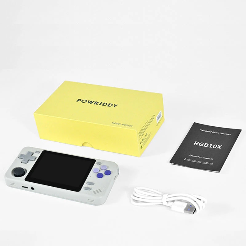 Consola retro Powkiddy RGB10X 64GB cu jocuri, quad core Cortex-A35 1.5GHz, 1GB RAM, IPS LCD 3.5" 640x480 4:3, acumulator 2800 mAh, gri, portabila