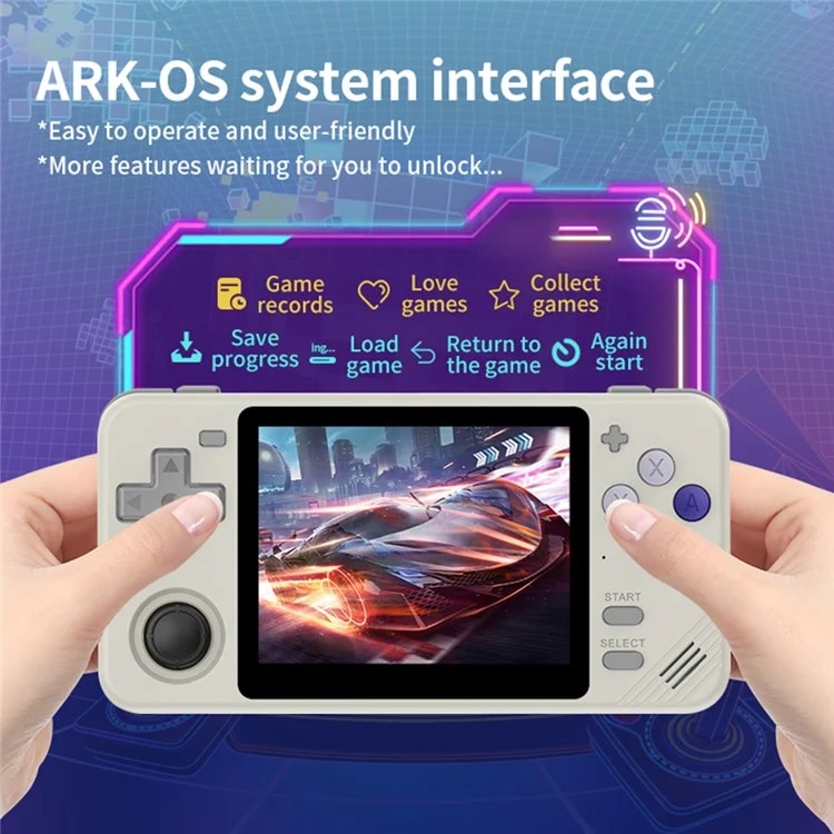Consola retro Powkiddy RGB10X 64GB cu jocuri, quad core Cortex-A35 1.5GHz, 1GB RAM, IPS LCD 3.5" 640x480 4:3, acumulator 2800 mAh, gri, portabila