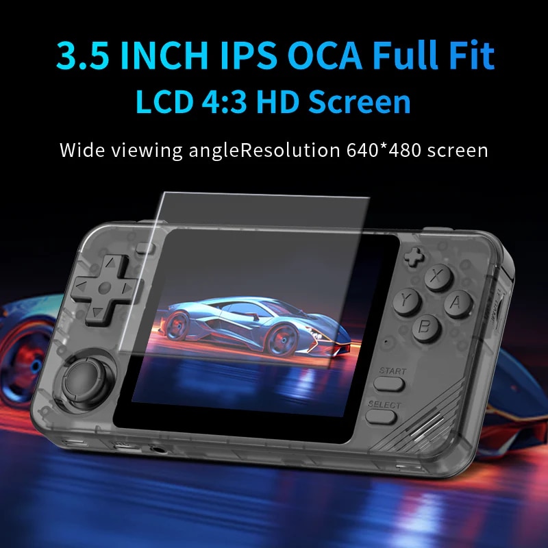 Consola retro Powkiddy RGB10X 64GB cu jocuri, quad core Cortex-A35 1.5GHz, 1GB RAM, IPS LCD 3.5" 640x480 4:3, acumulator 2800 mAh, neagra, portabila