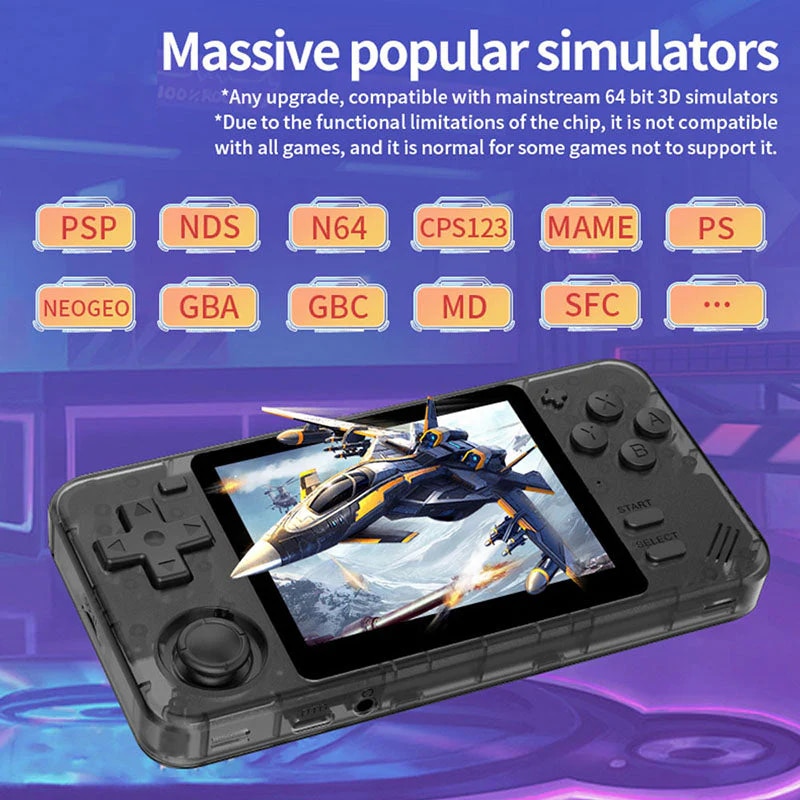 Consola retro Powkiddy RGB10X 64GB cu jocuri, quad core Cortex-A35 1.5GHz, 1GB RAM, IPS LCD 3.5" 640x480 4:3, acumulator 2800 mAh, neagra, portabila