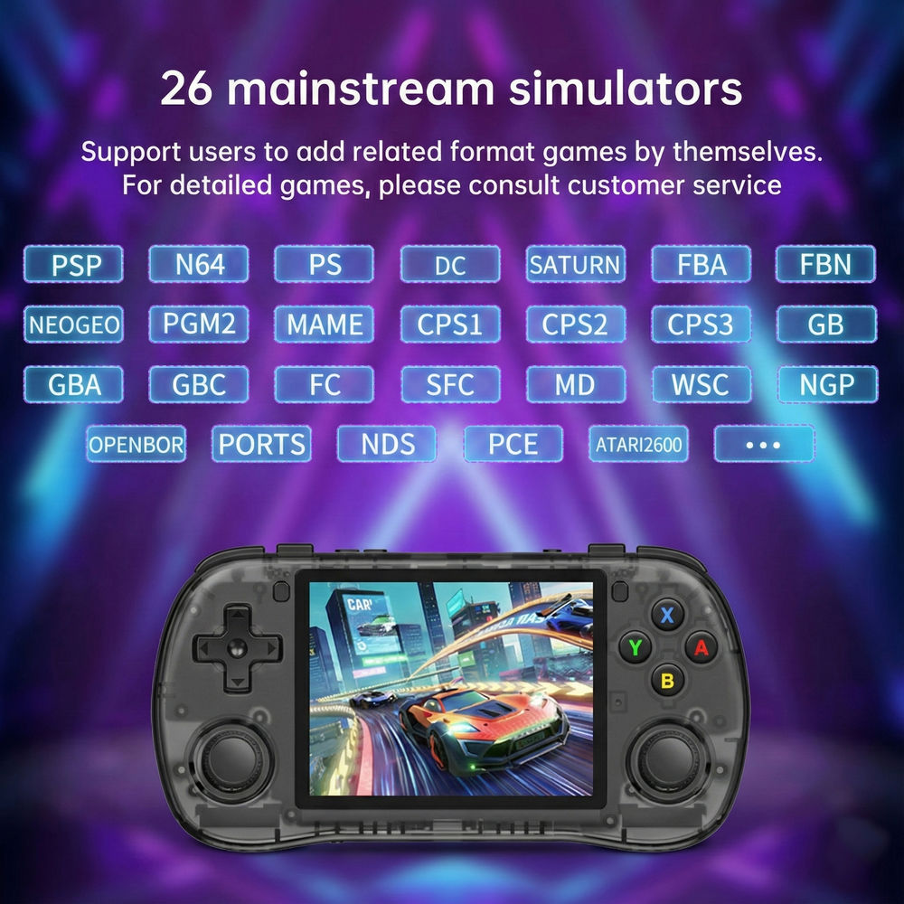 Consola retro Powkiddy X35H 64GB cu jocuri, quad core Cortex-A55 2.0GHz, 1GB RAM, IPS LCD 3.5" 640x480 4:3, acumulator 3000 mAh, bluetooth, neagra, portabila