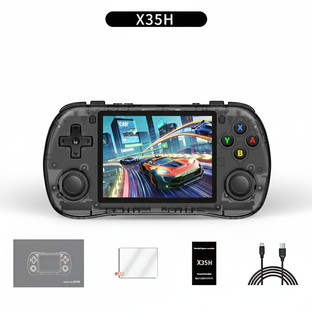 Consola retro Powkiddy X35H 64GB cu jocuri, quad core Cortex-A55 2.0GHz, 1GB RAM, IPS LCD 3.5" 640x480 4:3, acumulator 3000 mAh, bluetooth, neagra, portabila