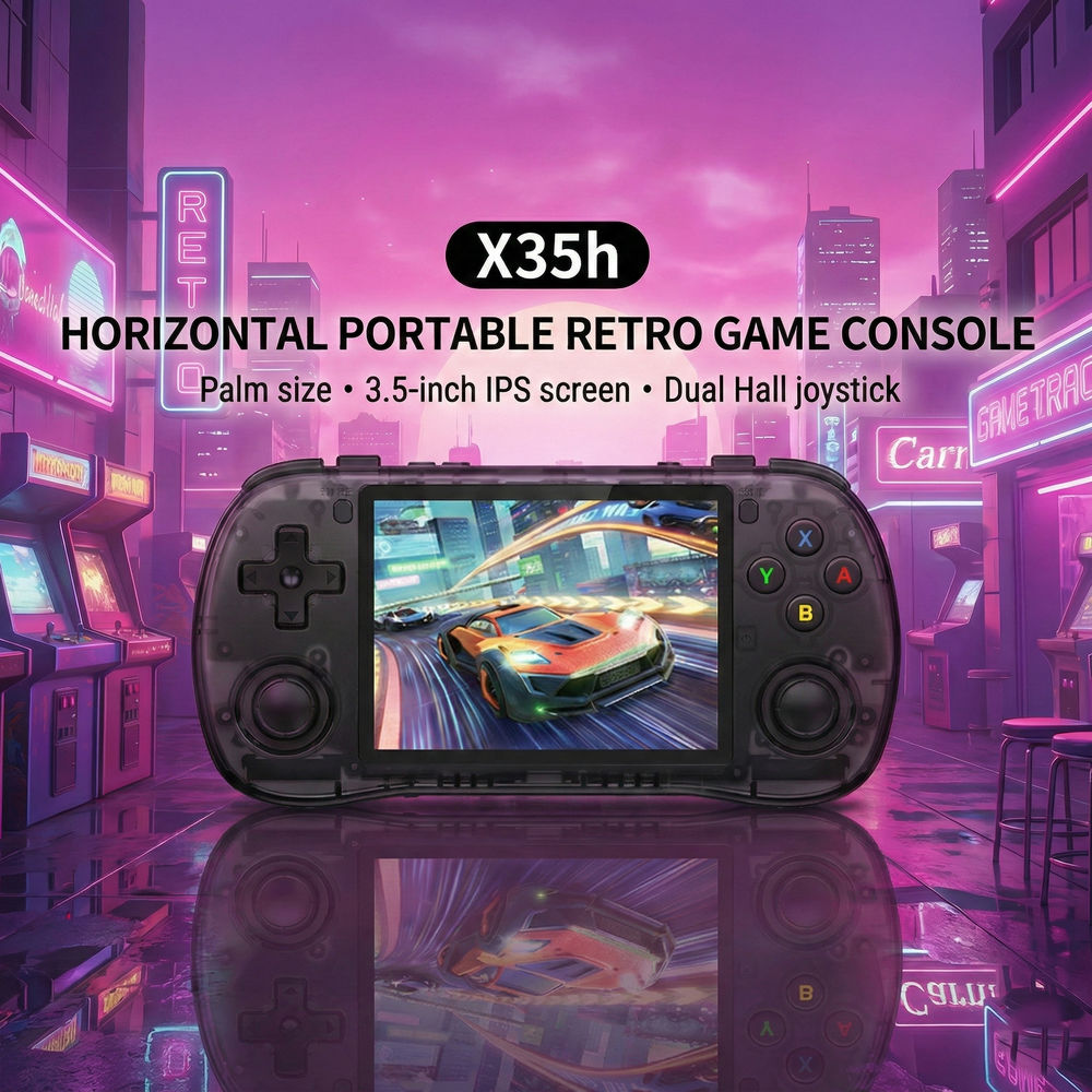 Consola retro Powkiddy X35H 64GB cu jocuri, quad core Cortex-A55 2.0GHz, 1GB RAM, IPS LCD 3.5" 640x480 4:3, acumulator 3000 mAh, bluetooth, neagra, portabila