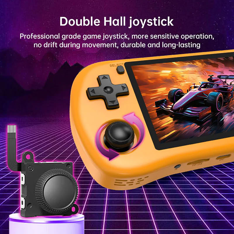 Consola retro Powkiddy X35H 64GB cu jocuri, quad core Cortex-A55 2.0GHz, 1GB RAM, IPS LCD 3.5" 640x480 4:3, acumulator 3000 mAh, bluetooth, portocalie, portabila