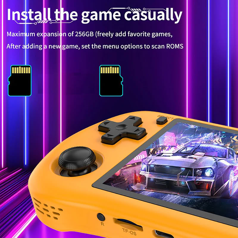 Consola retro Powkiddy X35H 64GB cu jocuri, quad core Cortex-A55 2.0GHz, 1GB RAM, IPS LCD 3.5" 640x480 4:3, acumulator 3000 mAh, bluetooth, portocalie, portabila