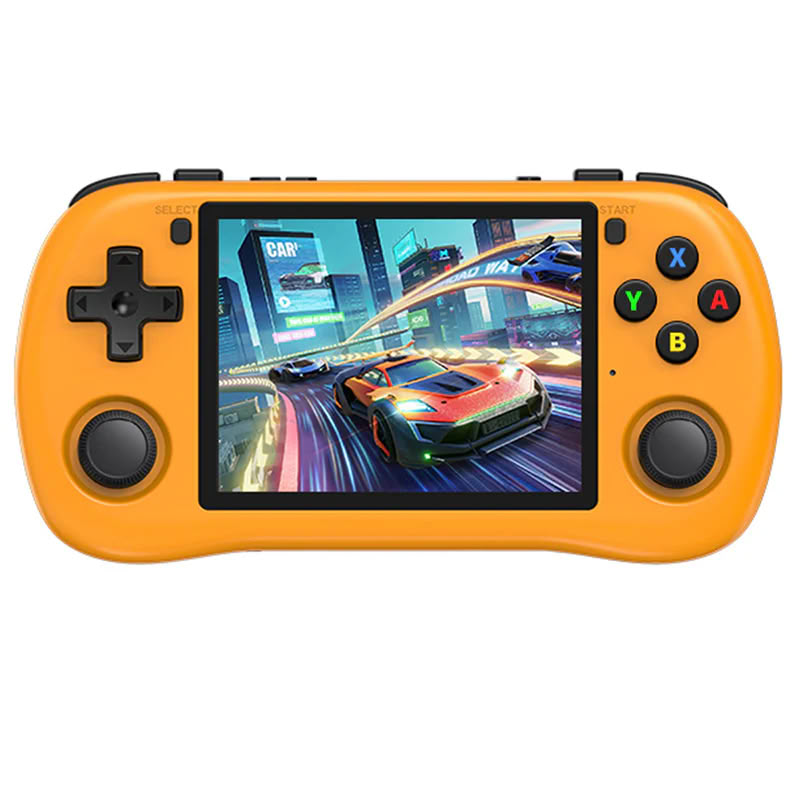 Consola retro Powkiddy X35H 64GB cu jocuri, quad core Cortex-A55 2.0GHz, 1GB RAM, IPS LCD 3.5" 640x480 4:3, acumulator 3000 mAh, bluetooth, portocalie, portabila