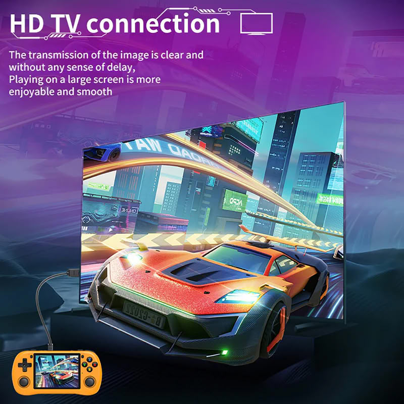 Consola retro Powkiddy X35H 64GB cu jocuri, quad core Cortex-A55 2.0GHz, 1GB RAM, IPS LCD 3.5" 640x480 4:3, acumulator 3000 mAh, bluetooth, portocalie, portabila