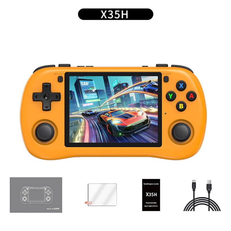 Consola retro Powkiddy X35H 64GB cu jocuri, quad core Cortex-A55 2.0GHz, 1GB RAM, IPS LCD 3.5" 640x480 4:3, acumulator 3000 mAh, bluetooth, portocalie, portabila