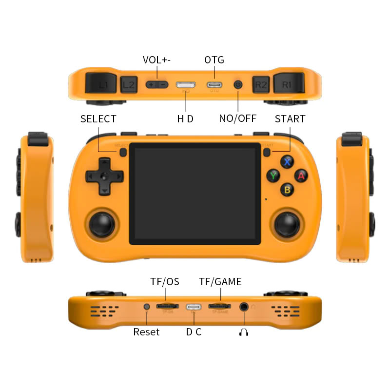 Consola retro Powkiddy X35H 64GB cu jocuri, quad core Cortex-A55 2.0GHz, 1GB RAM, IPS LCD 3.5" 640x480 4:3, acumulator 3000 mAh, bluetooth, portocalie, portabila