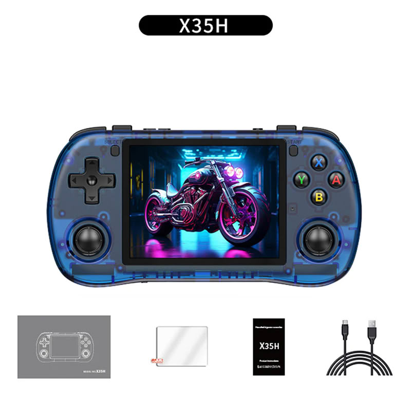 Consola retro Powkiddy X35H 64GB cu jocuri, quad core Cortex-A55 2.0GHz, 1GB RAM, IPS LCD 3.5" 640x480 4:3, acumulator 3000 mAh, bluetooth, albastra, portabila