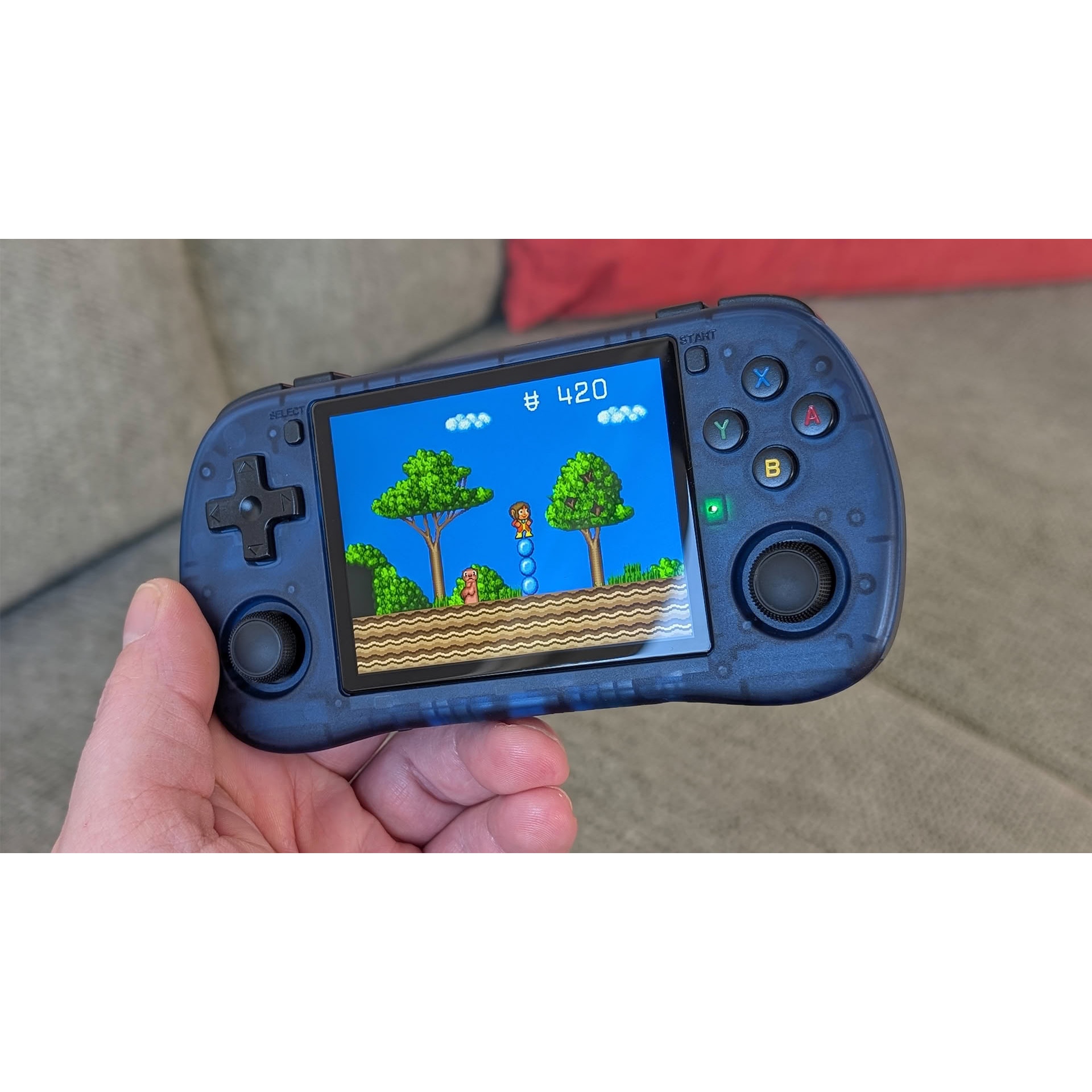 Consola retro Powkiddy X35H 64GB cu jocuri, quad core Cortex-A55 2.0GHz, 1GB RAM, IPS LCD 3.5" 640x480 4:3, acumulator 3000 mAh, bluetooth, albastra, portabila