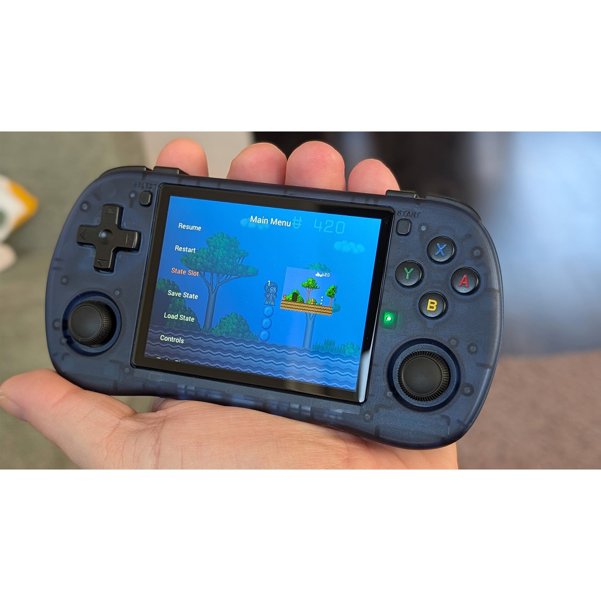 Consola retro Powkiddy X35H 64GB cu jocuri, quad core Cortex-A55 2.0GHz, 1GB RAM, IPS LCD 3.5" 640x480 4:3, acumulator 3000 mAh, bluetooth, albastra, portabila