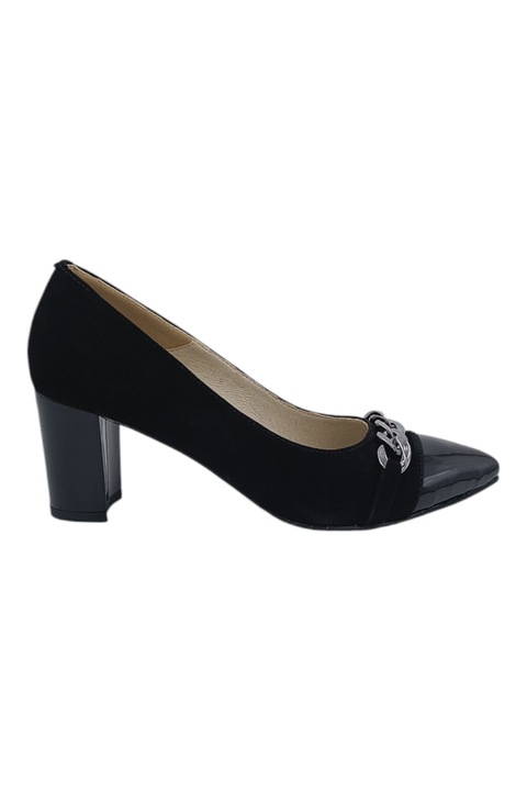 Pantofi dama eleganti, piele intoarsa, varf ascutit, toc masiv, lant decorativ, negru