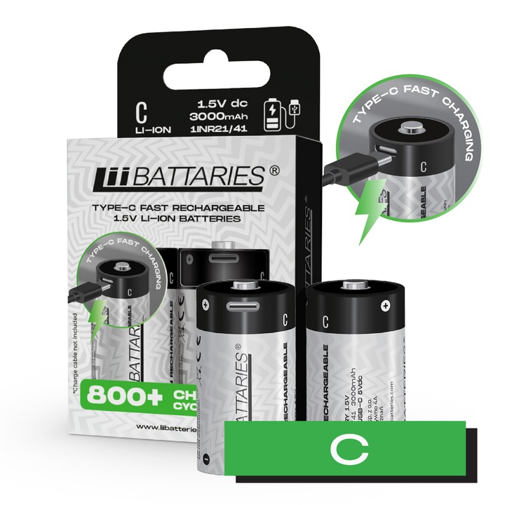 Akkumulátor, Liibattaries, Li-ion típusú c usb, Kapacitás 3000 mah, Feszültség 1,5 V, 2 darabos készlet, Méretek 25,6x50 mm, Gyors töltés, Környezetvédelem