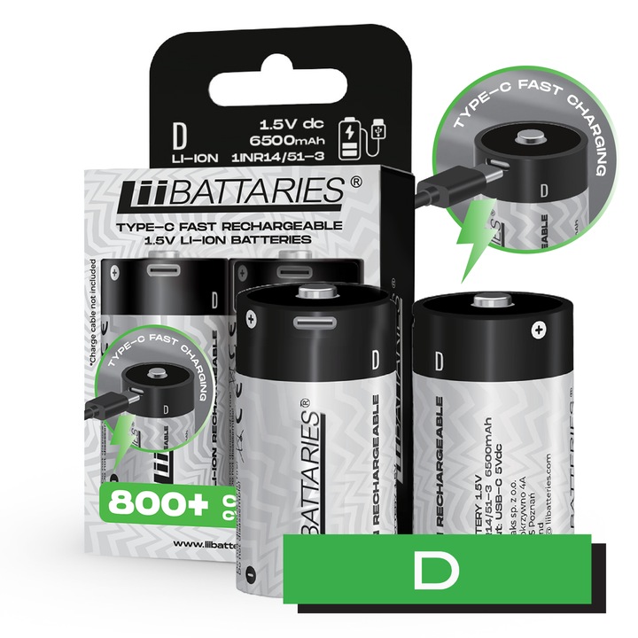 Acumulator, Liibattaries, Tip c usb, Litiu-ion, 6500 mah, 1.5 v, Set 2 bucati, Dimensiuni 32.5x60.5 mm, Incarcare rapida, Ecologic, Testat de tüv süd