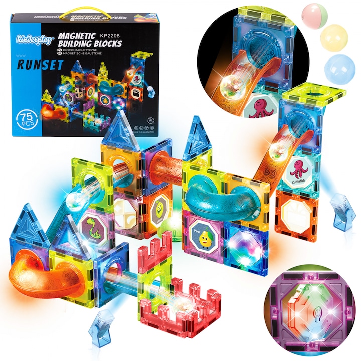 Set de constructie magnetic pentru copii Kinderplay, cu 75 elemente multicolore, cu bile si pista luminoasa RunSet