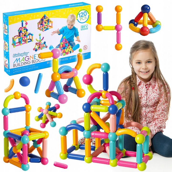 Set magnetic de constructii complexe 3D pentru copii Kinderplay, cu 120 forme variate, usor de conectat, multicolor Building Blocks