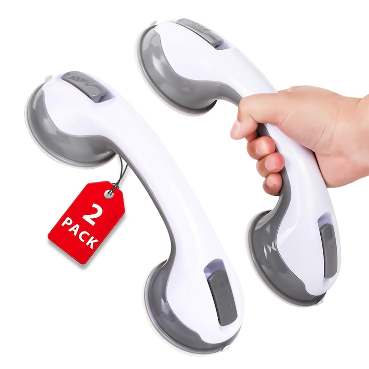 Bara de sprijin cu ventuze, 2 bucati, alb si gri, instalare fara gaurire, rezistent la apa, pentru seniori si persoane cu mobilitate redusa