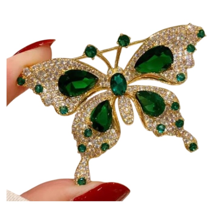 Accesoriu decorativ pentru femei, CRM, brosa eleganta model fluture, verde/auriu