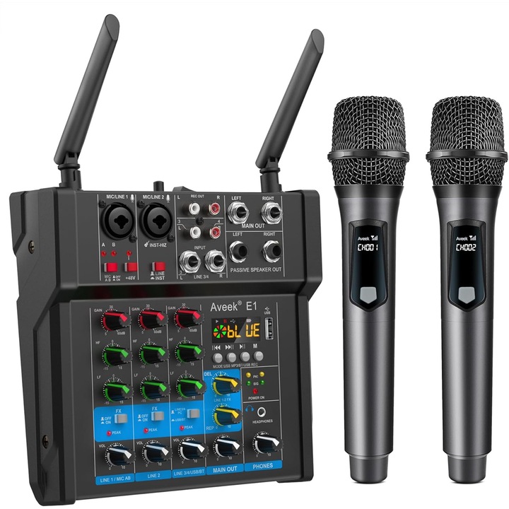 Set Mixer audio profesional, Aveek, 4 canale, cu 2 microfoane wireless, alimentare fantoma 48V, Bluetooth, USB, Placa de sunet, pentru petreceri profesionale de inregistrare, KTV si scena, Negru