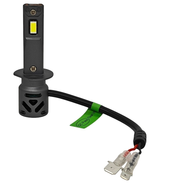 Bec LED auto, motoLEDy, H1, Dioda 7035 CSP, 8000lm, 9V-30V, CANBUS, Alb 5500K, Set 2 bucati, Lumina puternica, Fara orbire, Linie taiere lumina pastrata, Protectie termica si tensiune, Fara polaritate, Unghi 360°, Omologare E9-10R-05.11438