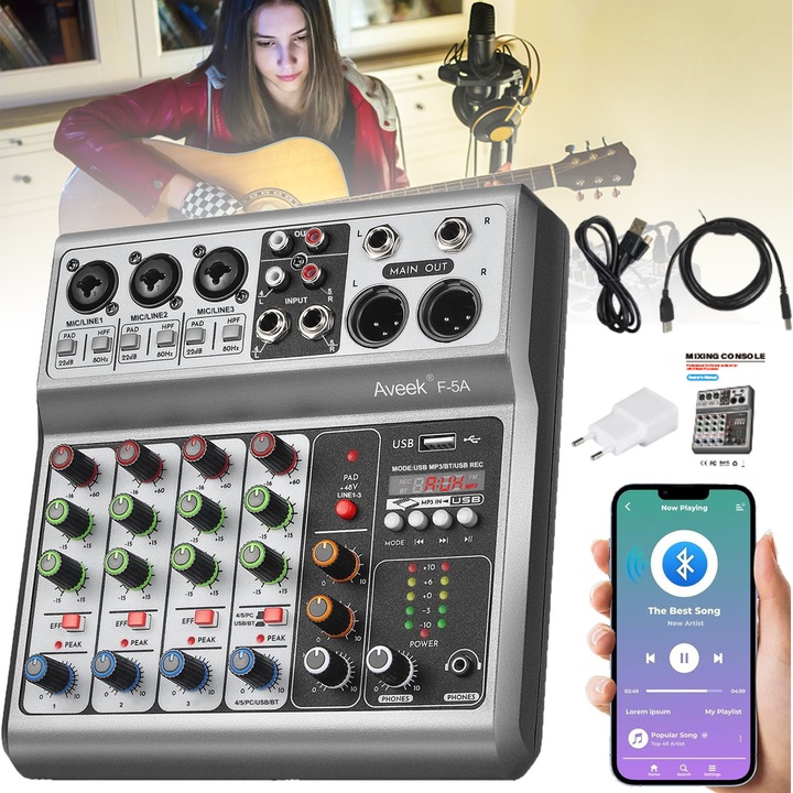 Професионален дигитален аудио миксер, Aveek, 5 канала, Bluetooth, 48V фантомно захранване, стерео запис, преносим, ​​XLR изход, аудио интерфейс, звукова карта, подходящ за професионални партита със звукозапис, KTV и сцена, сив