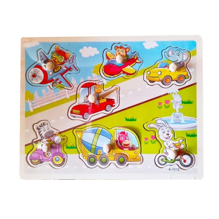 Puzzle incastru, GHEMOTOC® placa cu mijloace de transport, din lemn, cu maner ajutator