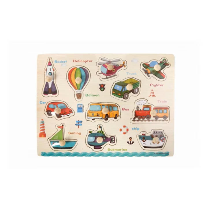 Puzzle incastru, GHEMOTOC® placa cu mijloace de transport, racheta, din lemn, cu maner ajutator