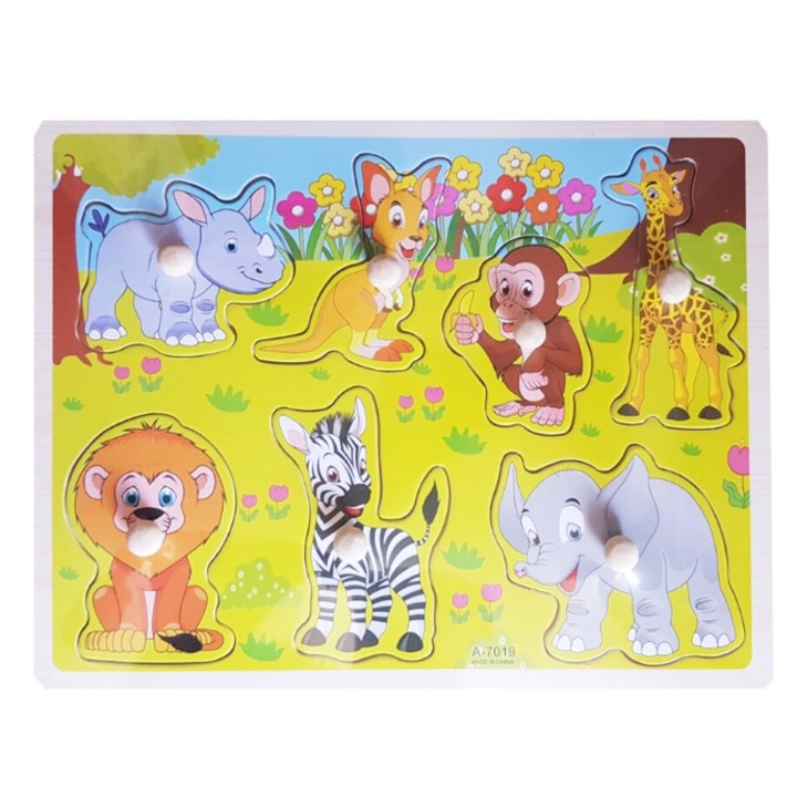 Puzzle incastru, GHEMOTOC® placa cu animale salbatice, rinocer, cu maner ajutator