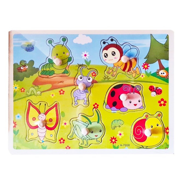 Puzzle incastru, GHEMOTOC®, placa cu insecte, omida verde, cu maner ajutator