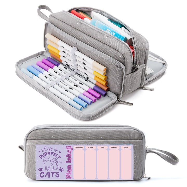 Pencil Case Scolar Cu Orar, Pentru Fete, Gri Cu Buline Albe, Dimensiuni 23 Cm X 8 Cm X 10 Cm, Fermuar, Cu Compartimente, Motiv Cu Pisicuta
