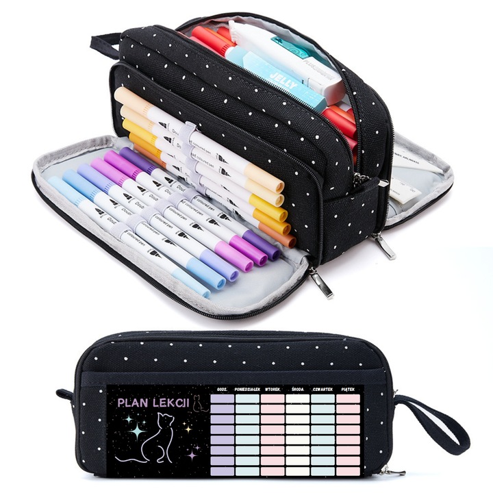Pencil Case Scolar Cu Orar, Pentru Fete, Negru Cu Buline Albe, Cu Motiv De Pisica, 23 Cm X 8 Cm X 10 Cm, Fermoar, Compartimente Practice, Constructie Solida