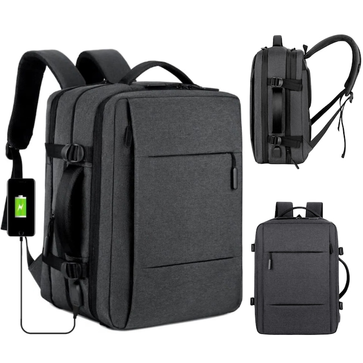 Utazó hátizsák, szürke/fekete, 45 cm, 25 l, külső USB-kábel bemenet, belső laptoptartó, poliészter