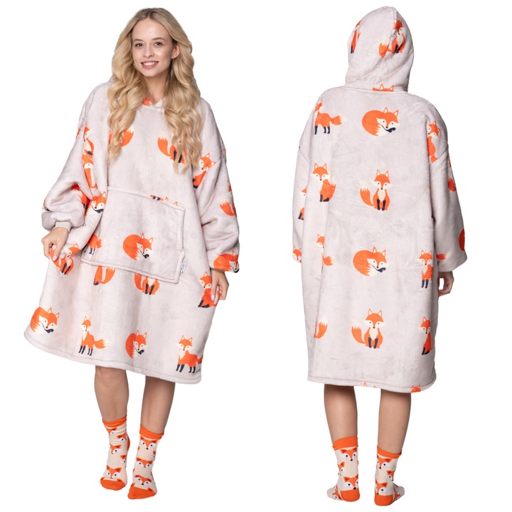 Суичър с одеяло с качулка и ръкави, HomeDesign, Mystersheep, 2w1, модел Fox, Oversize, XXL, 126 x 80 см, полар, мека материя, топъл, дебел, с качулка, с джоб, идеален за подарък, бежов