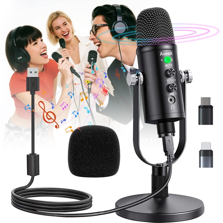 Професионален кондензаторен микрофон, Aveek, 360°, кардиоидна насоченост, намаляване на фоновия шум, функция за бързо изключване на звука, USB свързаност, Plug & Play, микрофонна пяна, PC и Mac, игри, стрийминг, запис, черен