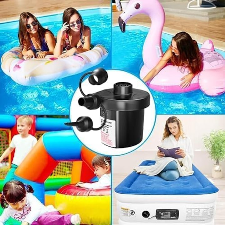 Pompa Electrica pentru Saltele Gonflabile, GERRIT, 130W, Umflare si Dezumflare Rapida, 3 Duze Interesanjabile, Design Portabil, 110V AC/12V DC