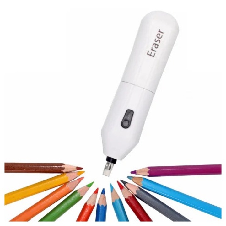 Radiera electrica ANGMAD, ideala pt corectarea schitelor sau desenelor pt care s-a folosit mina de grafit, 10 rezerve, functioneaza cu 2 baterii tip AA (neincluse), culoare: alb