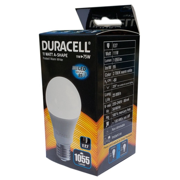 Bec LED Duracell glob, mat, E27, 11W echivalent 75W, 25.000 ore, lumina alb cald, carton