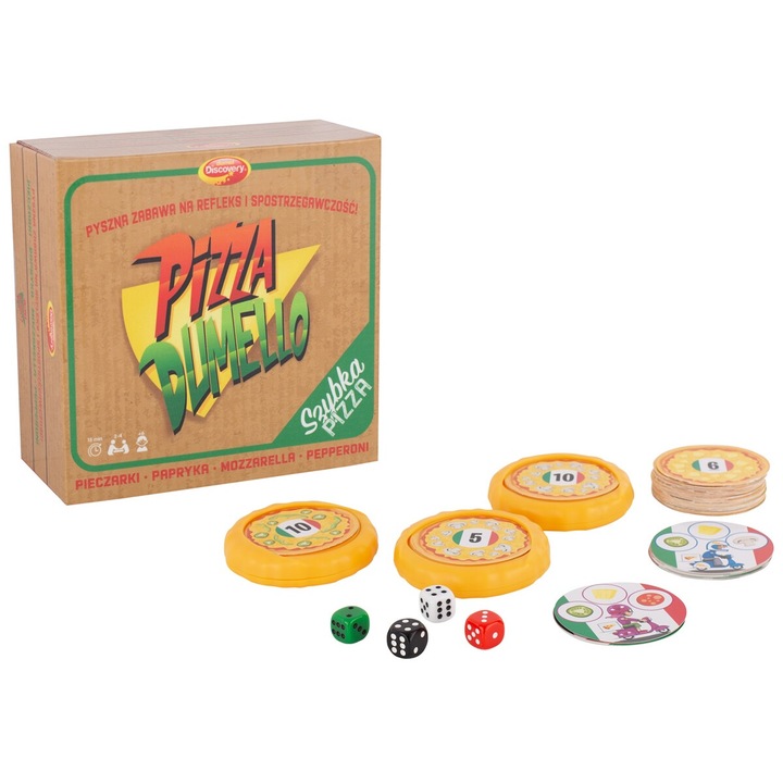 Интерактивна игра Dumel, Pizza Dumello, комплект от 16 карти за поръчки, 48 карти със съставки, 3 основи за пица, 4 зара, 2-4 играча, 6+ години