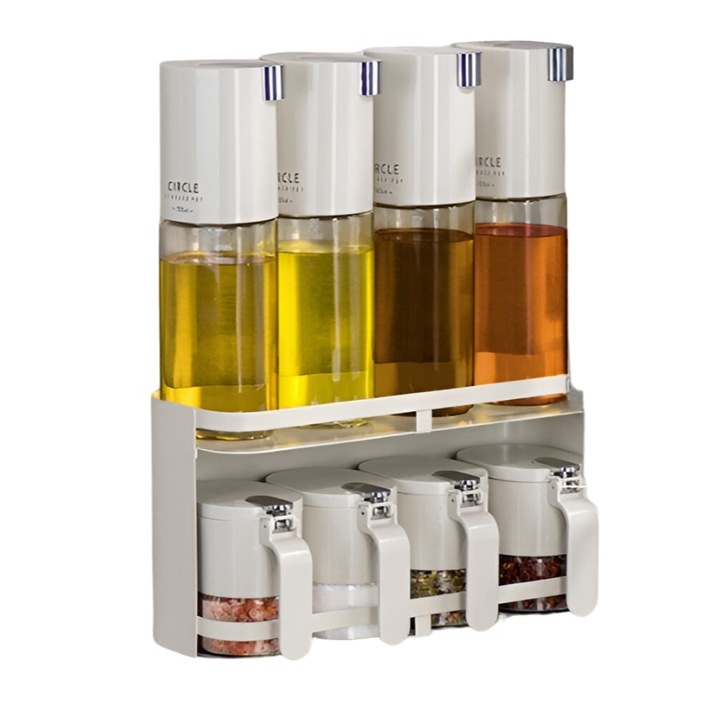 Suport pentru Depozitare Condimente, Ulei, Otet, Leski, Montare pe Perete din 9 Piese, Uz Casnic, pentru Bucatarie, 31x13.5x36.8cm, Alb