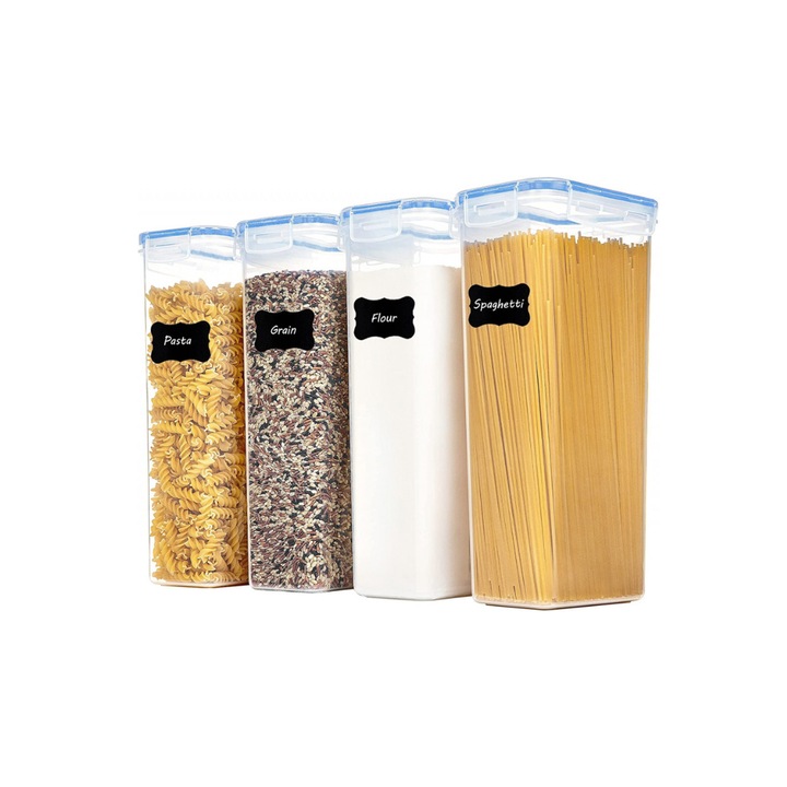 Set Recipiente Depozitare Alimente, 4 Bucati, Plastic Transparent, cu Capac si Inchidere Etansa, 2800ml